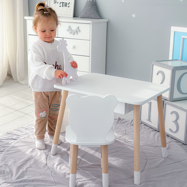 Стол прямоугольный с выдвижным ящиком 46х60х45 и стул медвежья 26.5х26х25, столик и стульчик в детскую, белый