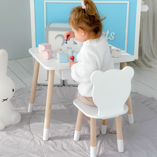 Стол прямоугольный с выдвижным ящиком 46х60х45 и стул медвежья 26.5х26х25, столик и стульчик в детскую, белый