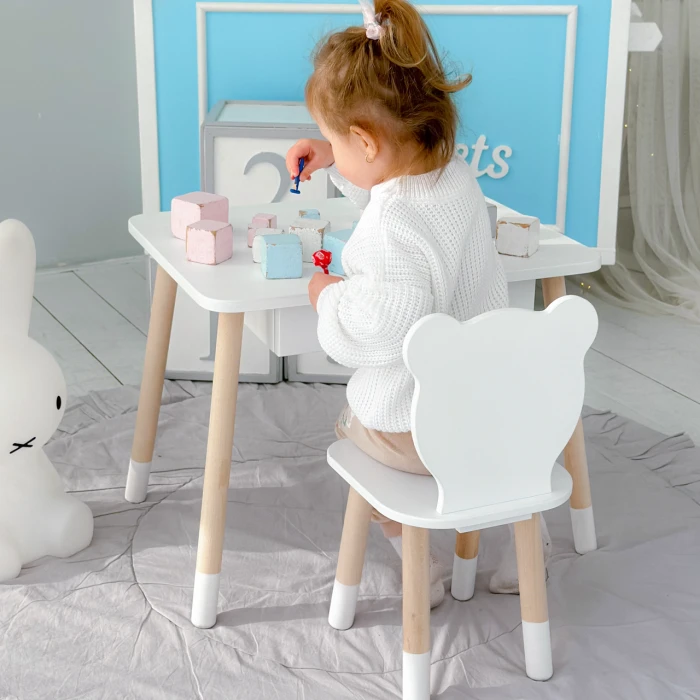 Стіл прямокутний з висувним ящиком 46х60х45 і стілець медвежа 26.5х26х25, столик та стільчик в дитячу, білий