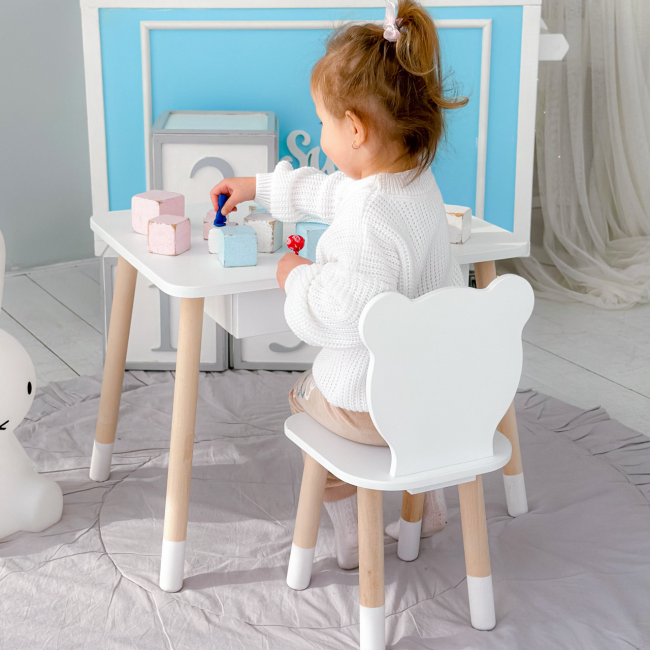 Стол прямоугольный с выдвижным ящиком 46х60х45 и стул медвежья 26.5х26х25, столик и стульчик в детскую, белый