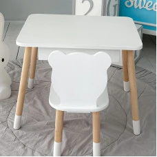 Стол прямоугольный с выдвижным ящиком 46х60х45 и стул медвежья 26.5х26х25, столик и стульчик в детскую, белый