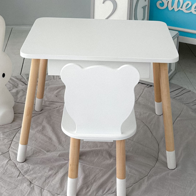 Стол прямоугольный с выдвижным ящиком 46х60х45 и стул медвежья 26.5х26х25, столик и стульчик в детскую, белый