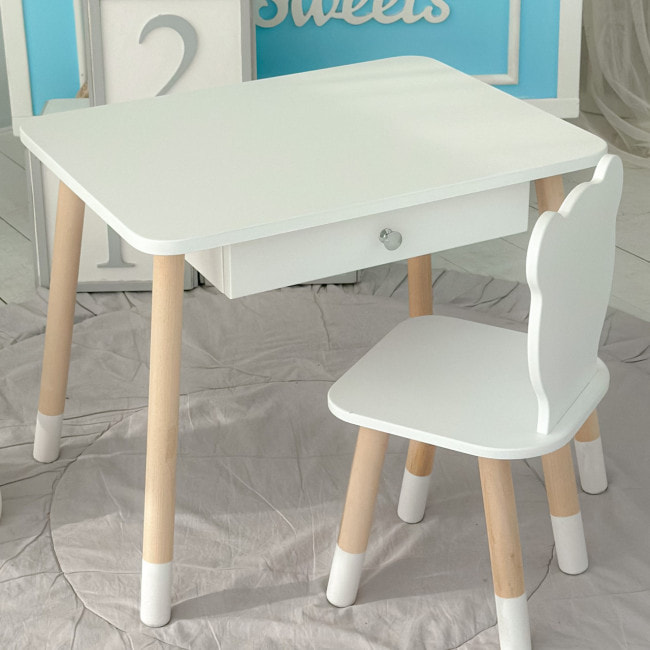 Стол прямоугольный с выдвижным ящиком 46х60х45 и стул медвежья 26.5х26х25, столик и стульчик в детскую, белый