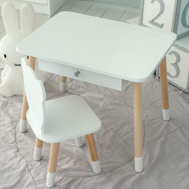 Стол прямоугольный с выдвижным ящиком 46х60х45 и стул медвежья 26.5х26х25, столик и стульчик в детскую, белый