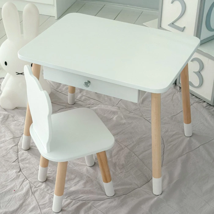 Стіл прямокутний з висувним ящиком 46х60х45 і стілець медвежа 26.5х26х25, столик та стільчик в дитячу, білий