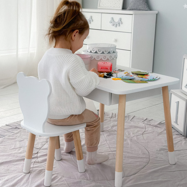 Стол прямоугольный с выдвижным ящиком 46х60х45 и стул медвежья 26.5х26х25, столик и стульчик в детскую, белый