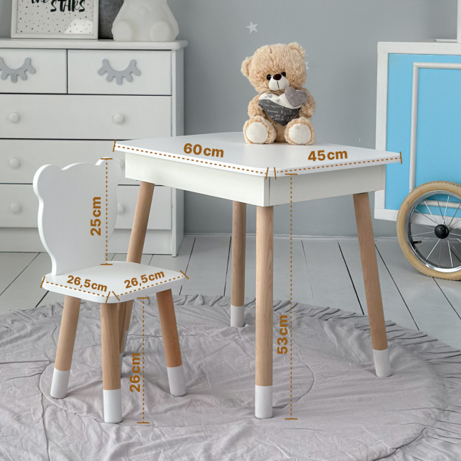 Столик с откидным верхом 53х60х45 и стульчик медвежья 26.5х26х25, стол и стул для мальчика от 1 года, белый