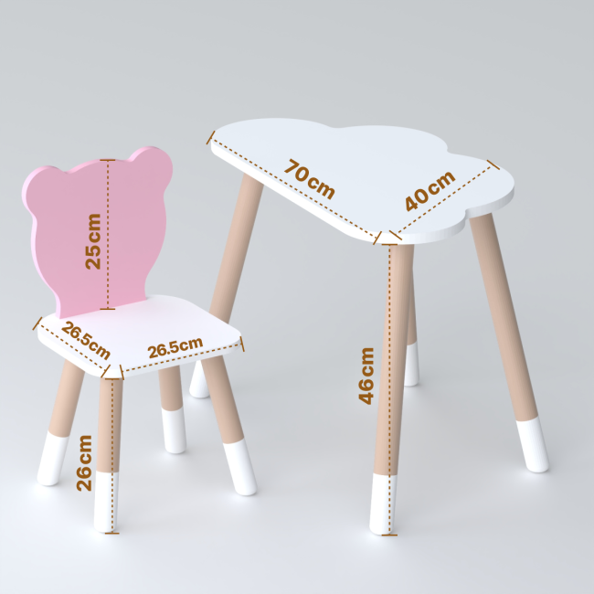 Дитячи набір столик та стільчик, стіл хмаринка білий 46х70х40 і стільчик ведмедик рожевий 26.5х26х25,