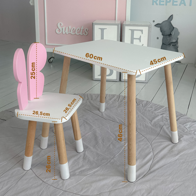 Столик прямоугольный 46х60х45 и стульчик бабочка 26.5х26х25, стол и стул в детский, белый с розовым