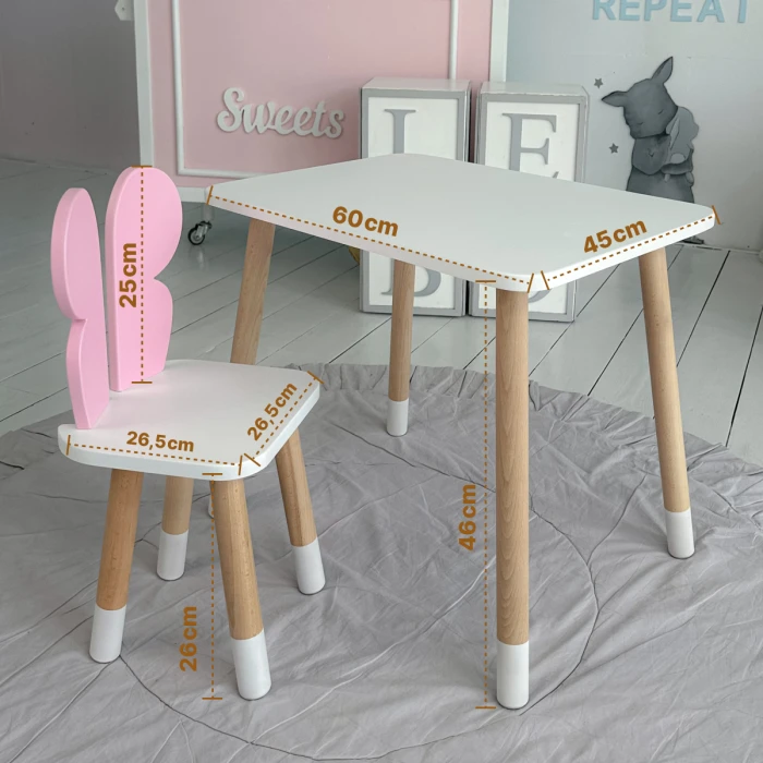Столик прямокутний 46х60х45 і стільчик метелик 26.5х26х25, стіл та стілець в дитячу, білий з рожевим