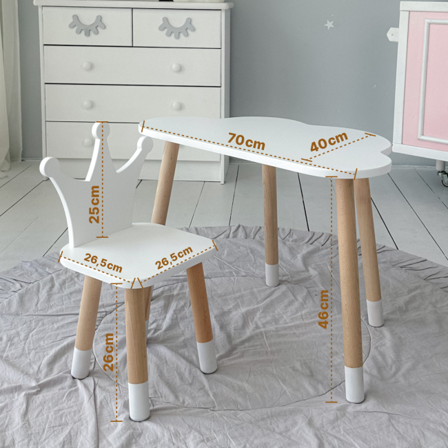 Столик хмаринка 46х70х40 і стільчик корона 26.5х26х25, стіл та стілець в дитячу, білий