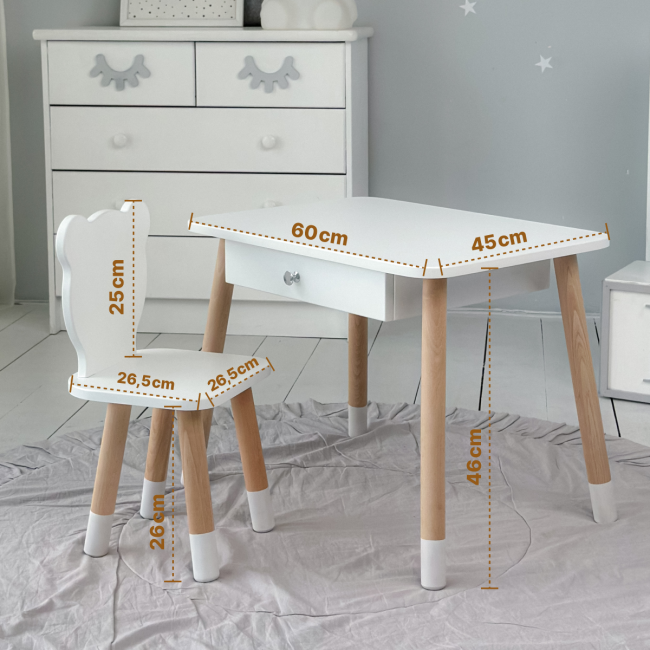 Стол прямоугольный с выдвижным ящиком 46х60х45 и стул медвежья 26.5х26х25, столик и стульчик в детскую, белый