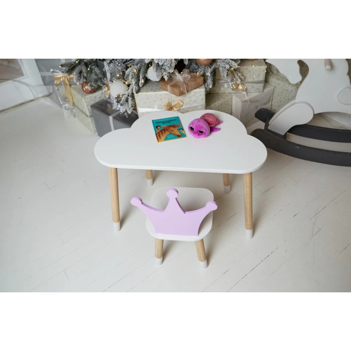 Білий столик хмарка 46х70х40 та стільчик корона фіолетовий 26.5х26х25, набір меблів для дитини стіл та стілець