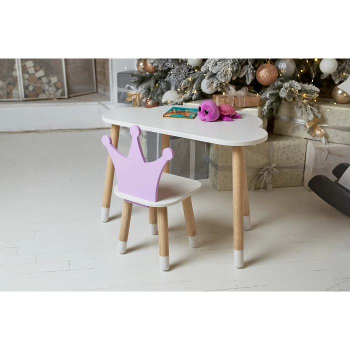 Білий столик хмарка 46х70х40 та стільчик корона фіолетовий 26.5х26х25, набір меблів для дитини стіл та стілець