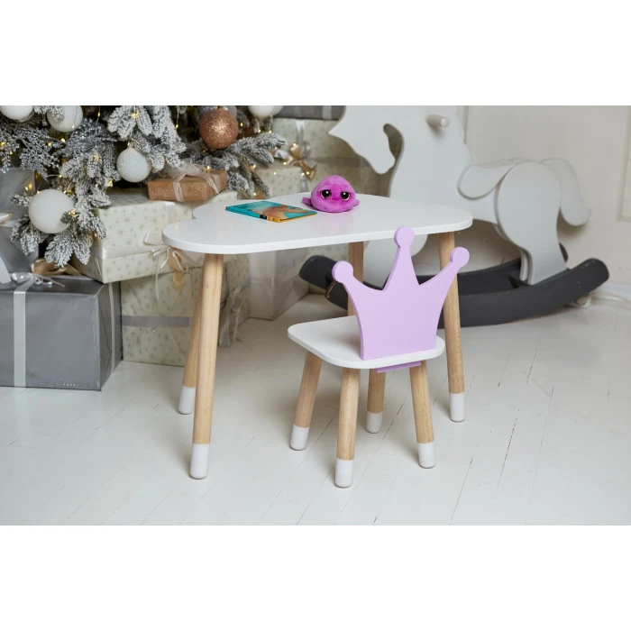 Білий столик хмарка 46х70х40 та стільчик корона фіолетовий 26.5х26х25, набір меблів для дитини стіл та стілець