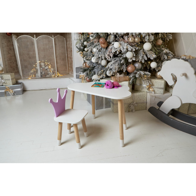 Белый столик облако 46х70х40 и стульчик фиолетовый корона 26.5х26х25, набор мебели для ребенка стол и стул