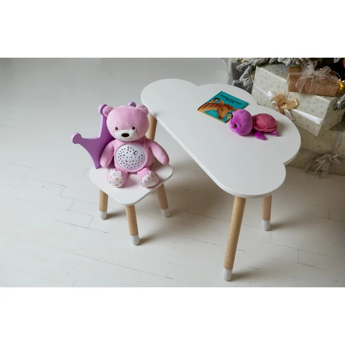 Білий столик хмарка 46х70х40 та стільчик корона фіолетовий 26.5х26х25, набір меблів для дитини стіл та стілець