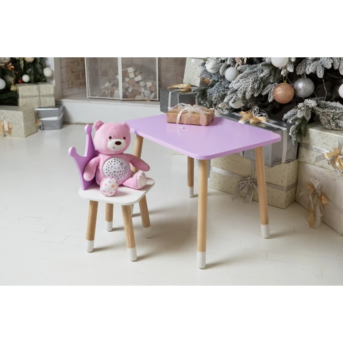 Стіл прямокутний 46х60х45 і стілець корона 26.5х26х25, столик та стільчик для дівчинки, фіолетовий з білим