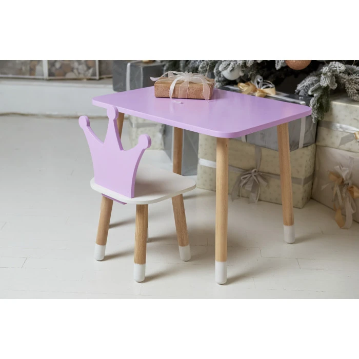 Стіл прямокутний 46х60х45 і стілець корона 26.5х26х25, столик та стільчик для дівчинки, фіолетовий з білим