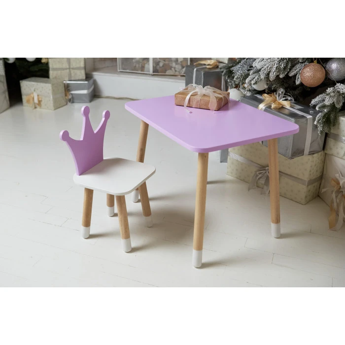 Стіл прямокутний 46х60х45 і стілець корона 26.5х26х25, столик та стільчик для дівчинки, фіолетовий з білим