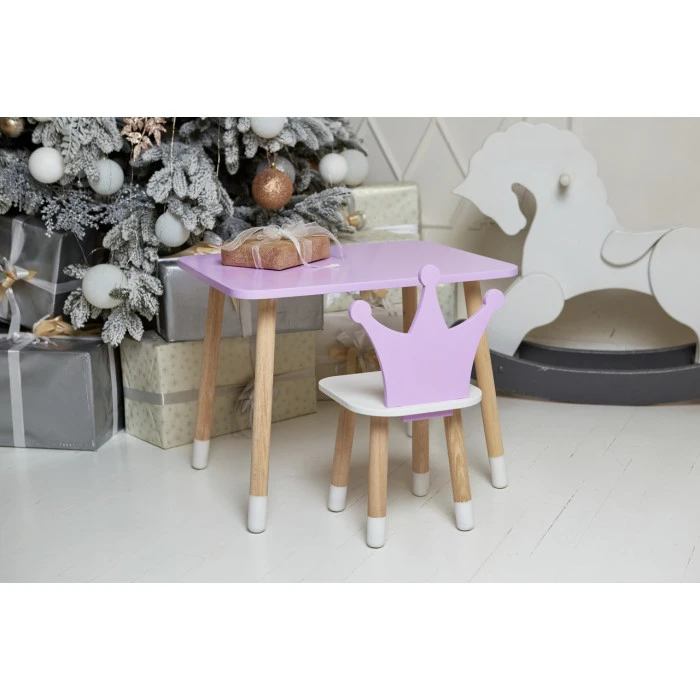 Стіл прямокутний 46х60х45 і стілець корона 26.5х26х25, столик та стільчик для дівчинки, фіолетовий з білим