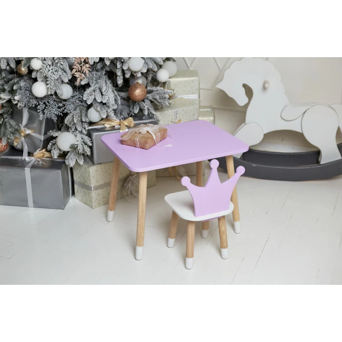 Стіл прямокутний 46х60х45 і стілець корона 26.5х26х25, столик та стільчик для дівчинки, фіолетовий з білим