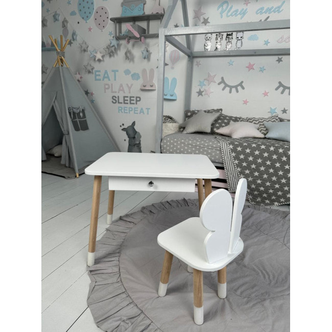 Стол прямоугольный с ящиком 46х60х45 и стул бабочка 26.5х26х25, столик и стульчик в детский, белый