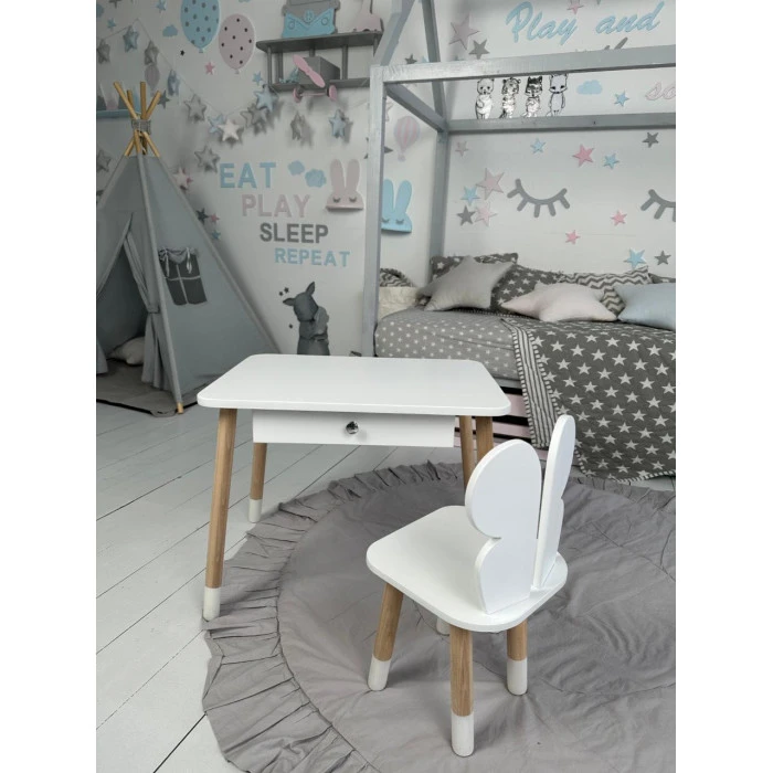 Стіл прямокутний з ящиком 46х60х45 і стілець метелик 26.5х26х25, столик та стільчик в дитячу, білий