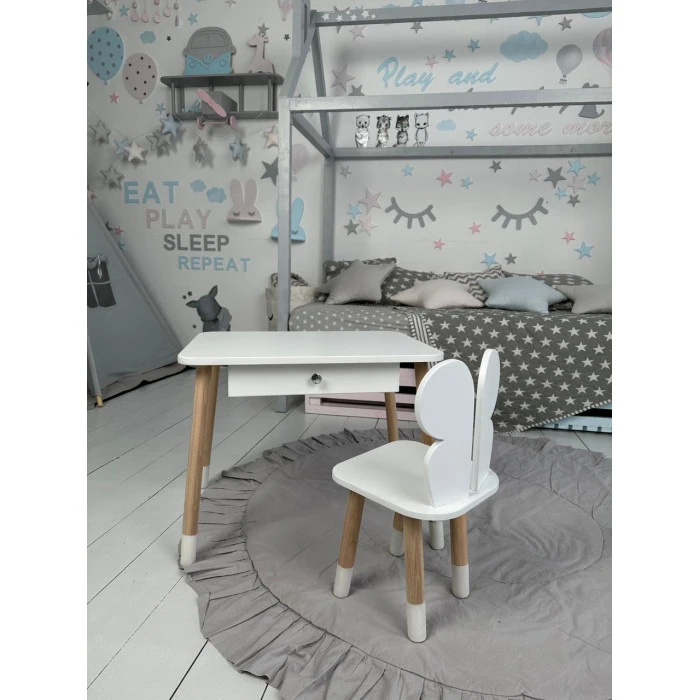 Стіл прямокутний з ящиком 46х60х45 і стілець метелик 26.5х26х25, столик та стільчик в дитячу, білий