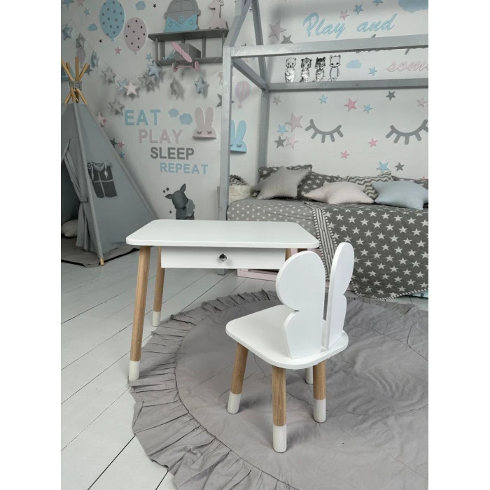 Стіл прямокутний з ящиком 46х60х45 і стілець метелик 26.5х26х25, столик та стільчик в дитячу, білий