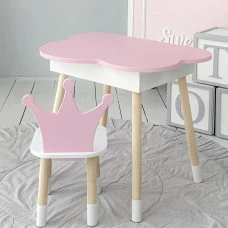 Столик облачко с откидной нишей 54х68х50 и стульчик корона 26.5х26х25, стол и стул в детский, розовый с белым
