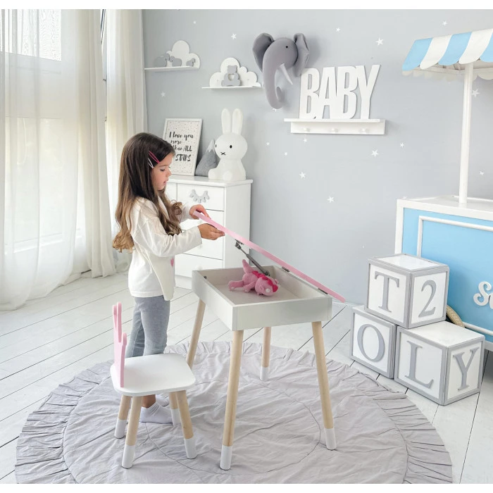 Столик хмаринка з відкидною нішею 54х68х50 і стільчик корона 26.5х26х25, стіл та стілець в дитячу, рожевий з білим