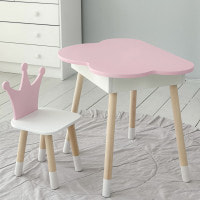Столик облачко с откидной нишей 54х68х50 и стульчик корона 26.5х26х25, стол и стул в детский, розовый с белым