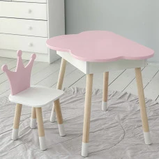 Столик облачко с откидной нишей 54х68х50 и стульчик корона 26.5х26х25, стол и стул в детский, розовый с белым