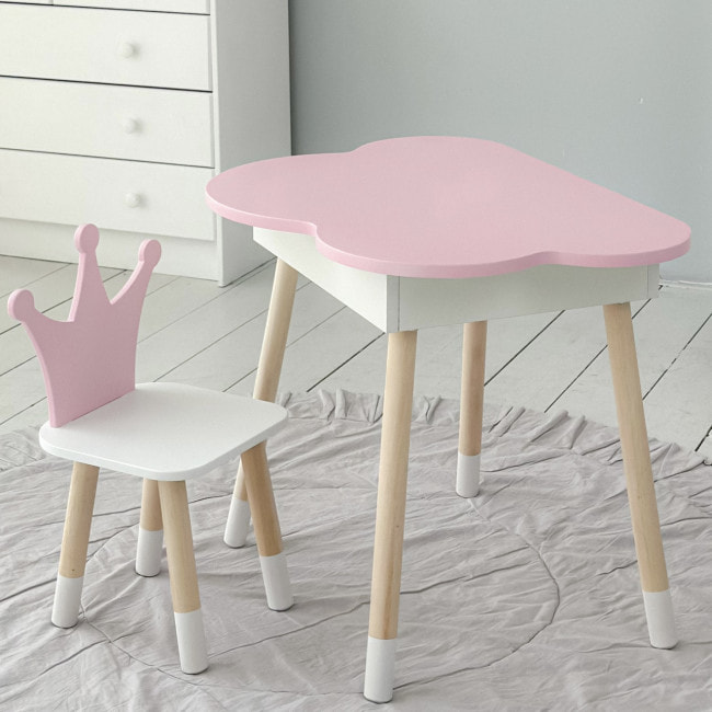Столик облачко с откидной нишей 54х68х50 и стульчик корона 26.5х26х25, стол и стул в детский, розовый с белым