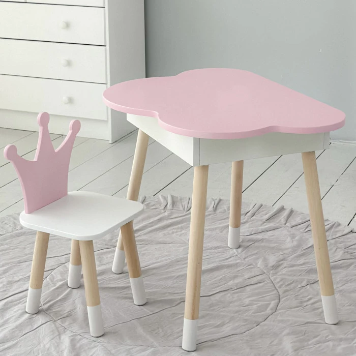 Столик хмаринка з відкидною нішею 54х68х50 і стільчик корона 26.5х26х25, стіл та стілець в дитячу, рожевий з білим