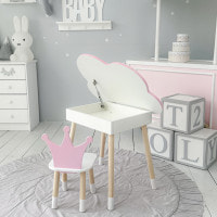 Столик облачко с откидной нишей 54х68х50 и стульчик корона 26.5х26х25, стол и стул в детский, розовый с белым
