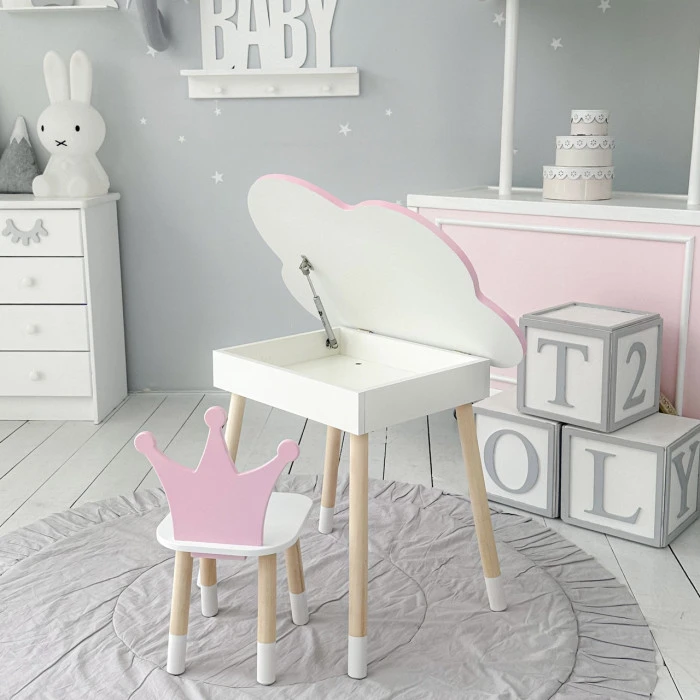 Столик хмаринка з відкидною нішею 54х68х50 і стільчик корона 26.5х26х25, стіл та стілець в дитячу, рожевий з білим