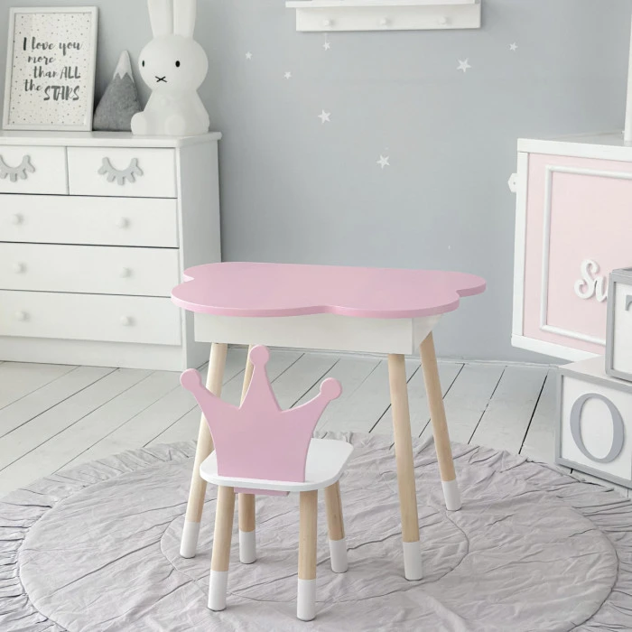 Столик хмаринка з відкидною нішею 54х68х50 і стільчик корона 26.5х26х25, стіл та стілець в дитячу, рожевий з білим