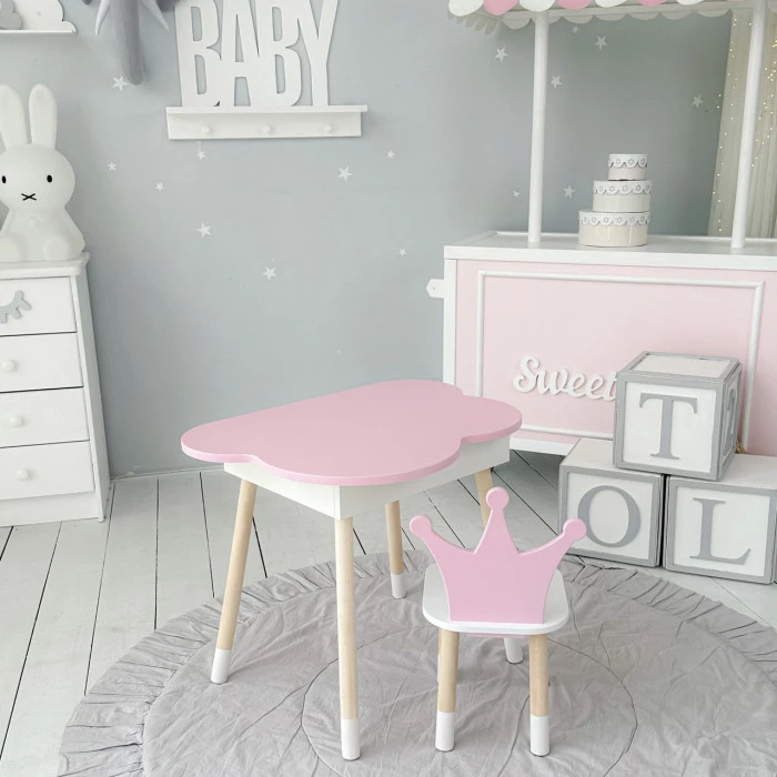 Столик хмаринка з відкидною нішею 54х68х50 і стільчик корона 26.5х26х25, стіл та стілець в дитячу, рожевий з білим