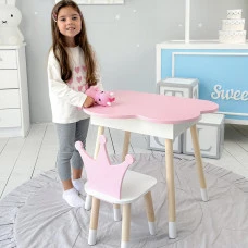 Столик облачко с откидной нишей 54х68х50 и стульчик корона 26.5х26х25, стол и стул в детский, розовый с белым