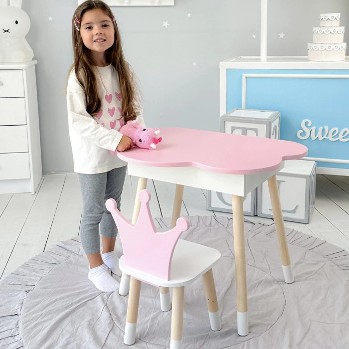 Столик хмаринка з відкидною нішею 54х68х50 і стільчик корона 26.5х26х25, стіл та стілець в дитячу, рожевий з білим