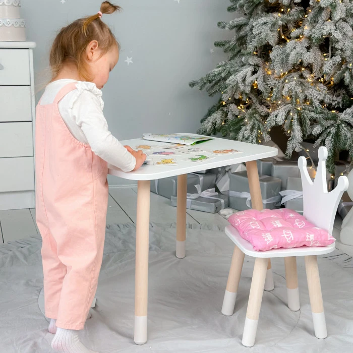Стол прямоугольный 46х60х45 и стул корона 26.5х26х25, столик и стульчик для мальчика, белый