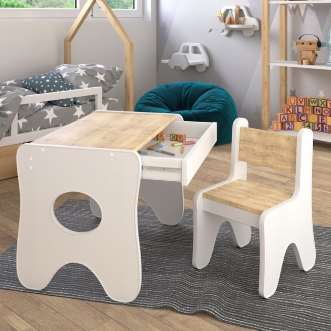 Набор детской мебели стол с ящиком и стульчик 70×45×51, стол и стул для детей, белый с деревом