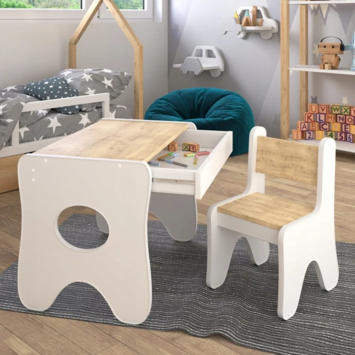 Набір дитячих меблів столик з ящиком та стільчик 70×45×51, стіл та стілець для дітей, білий з деревом