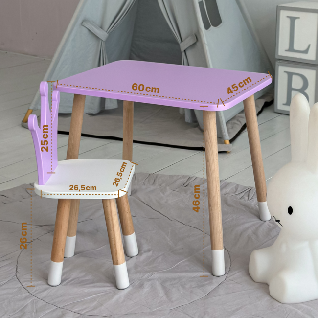 Стол прямоугольный 46х60х45 и стул корона 26.5х26х25, столик и стульчик для девочки, фиолетовый с белым