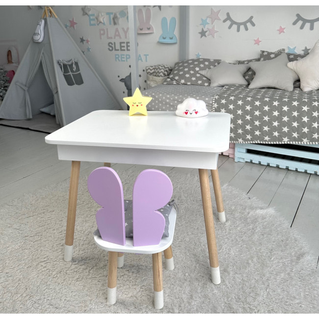 Столик с откидным верхом 53х60х45 и стульчик крылья бабочки 26.5х26х25, стол и стул для детей от 1 года, белый с фиолетовым