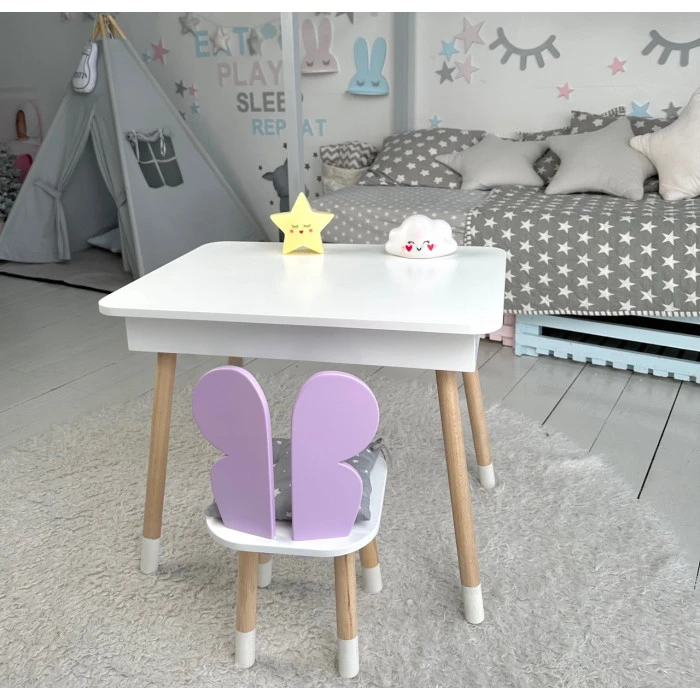 Столик с откидным верхом 53х60х45 и стульчик крылья бабочки 26.5х26х25, стол и стул для детей от 1 года, белый с фиолетовым