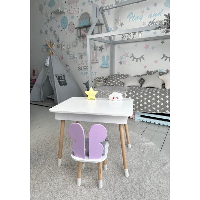 Столик с откидным верхом 53х60х45 и стульчик крылья бабочки 26.5х26х25, стол и стул для детей от 1 года, белый с фиолетовым