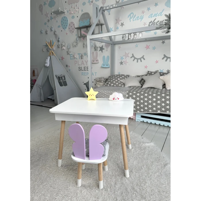 Столик с откидным верхом 53х60х45 и стульчик крылья бабочки 26.5х26х25, стол и стул для детей от 1 года, белый с фиолетовым